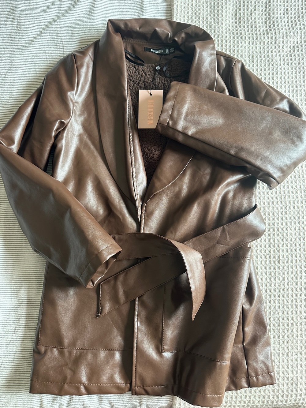 Missguided Brown Faux Leather Belted Jacket